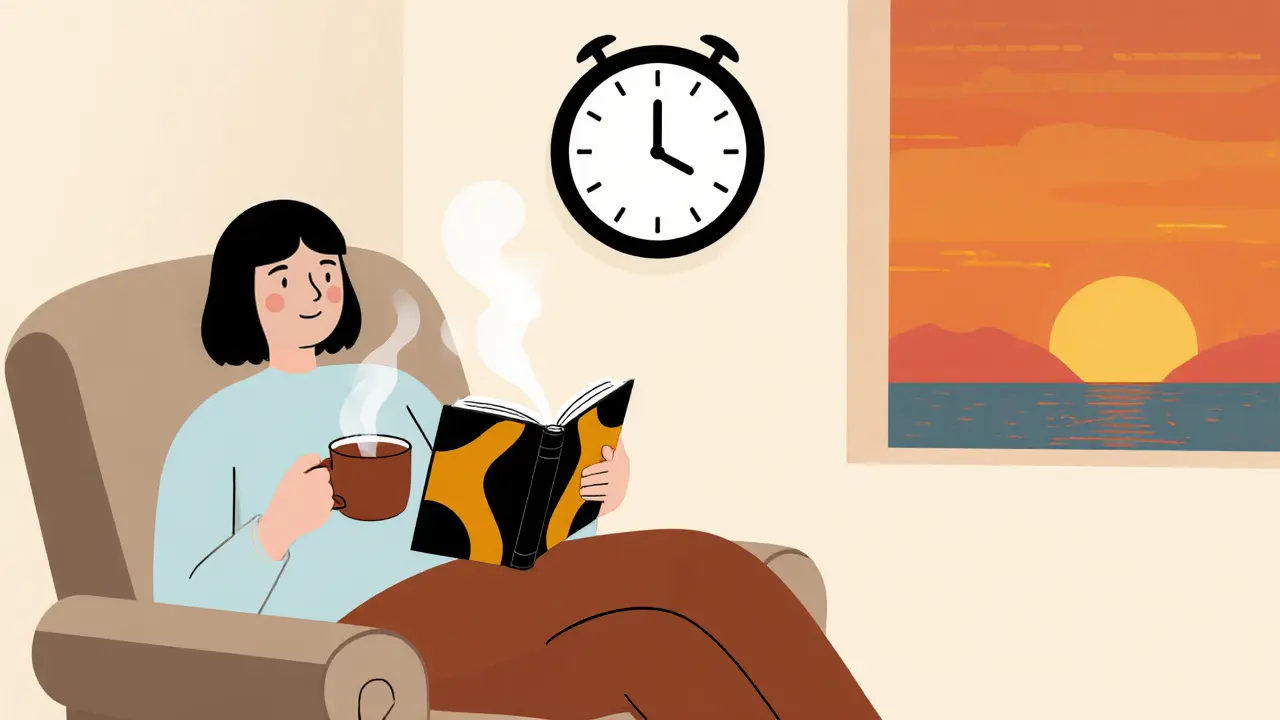 Podporovatel odpočívá v křesle s šálkem čaje, připomíná si čas pro sebe.