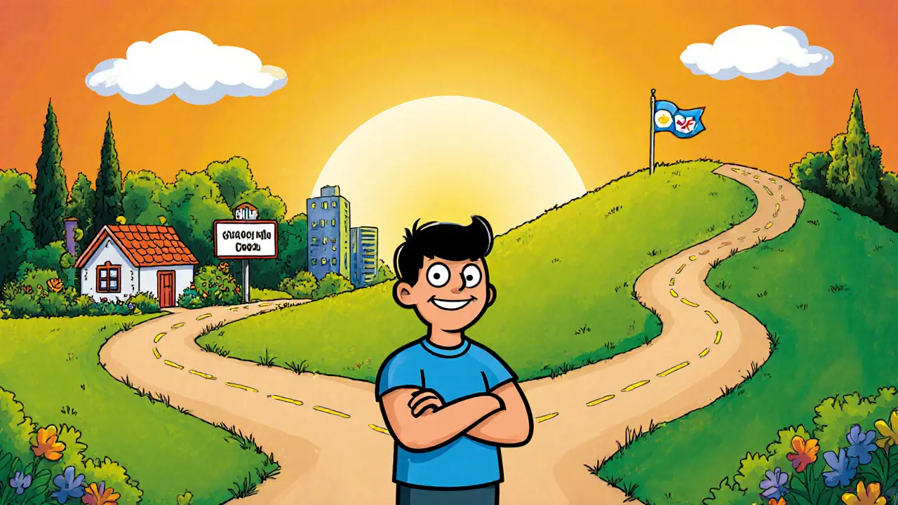 Postava na rozcestí s třemi cestami vedoucími k zahradě, kanceláři a horě, symbolizující výběr pomoci.