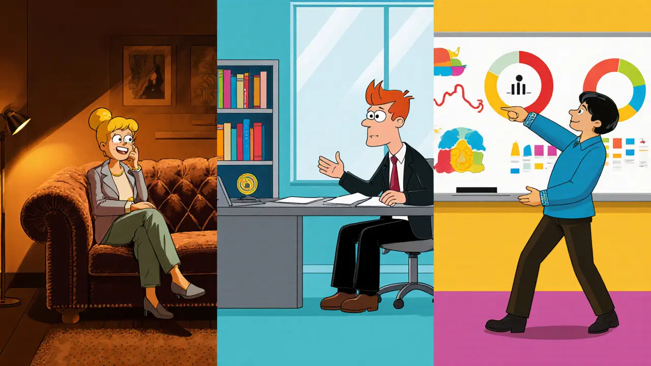 Rozdělený obraz ukazující terapie, poradenství a koučink v oddělených místnostech.