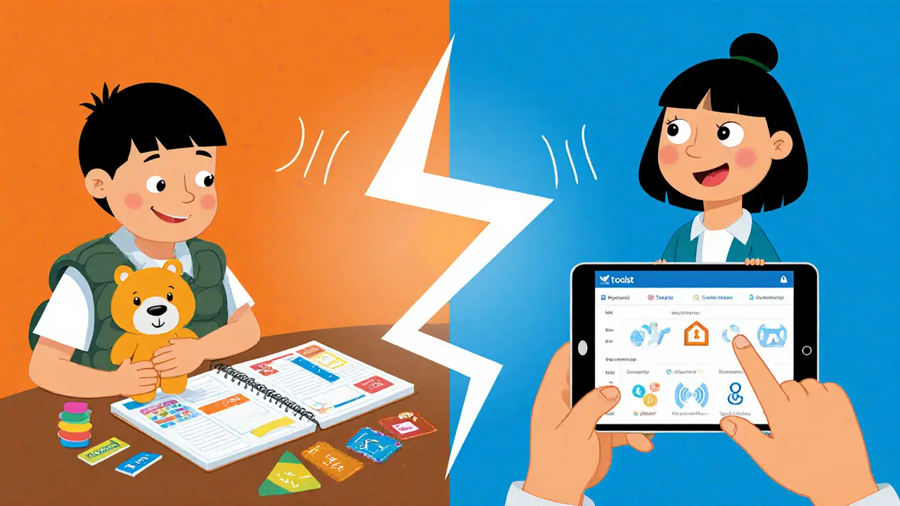 Rozdělený obrázek ukazuje fyzické plánování s magnetickými štítky a digitální aplikaci Todoist.