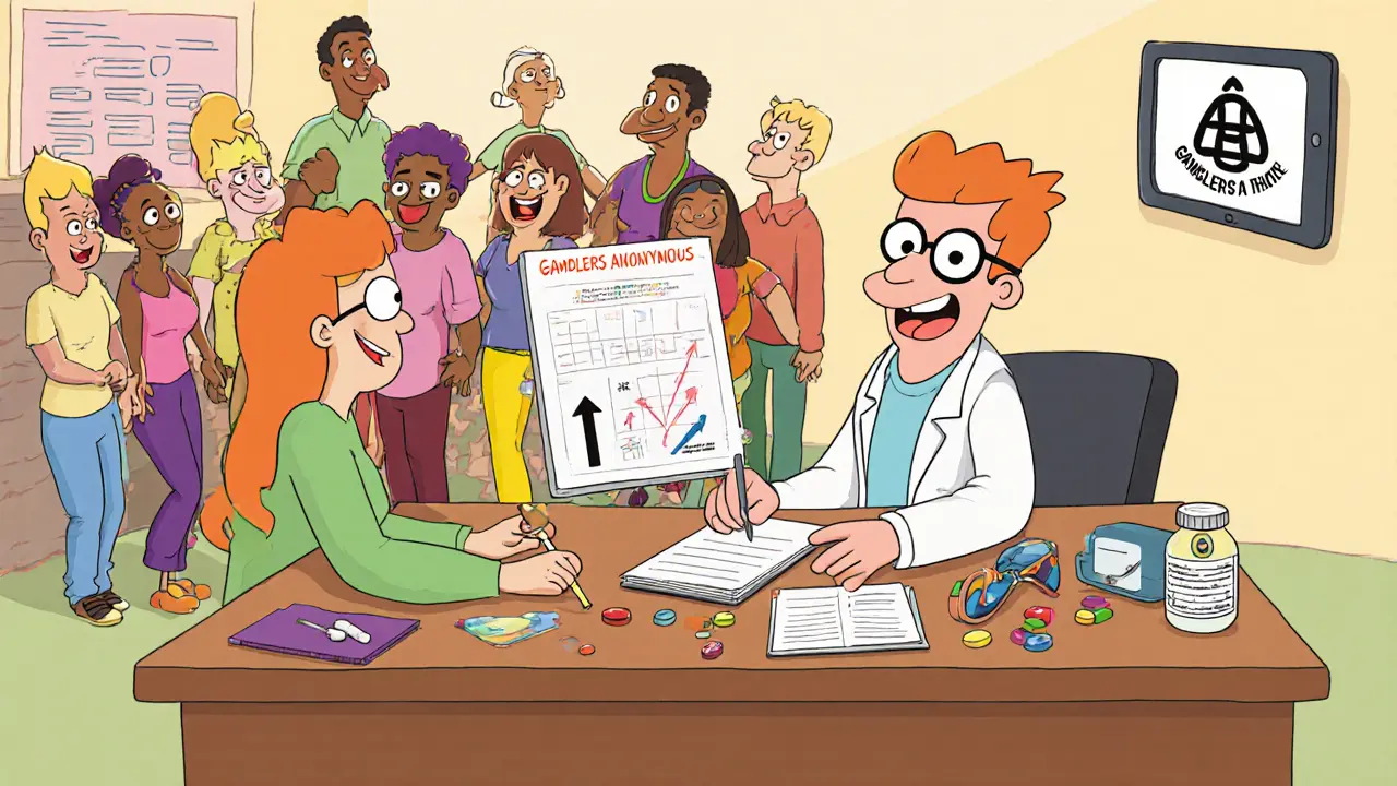 Terapeut a klient v diskusi, v pozadí skupina podporující hráče.