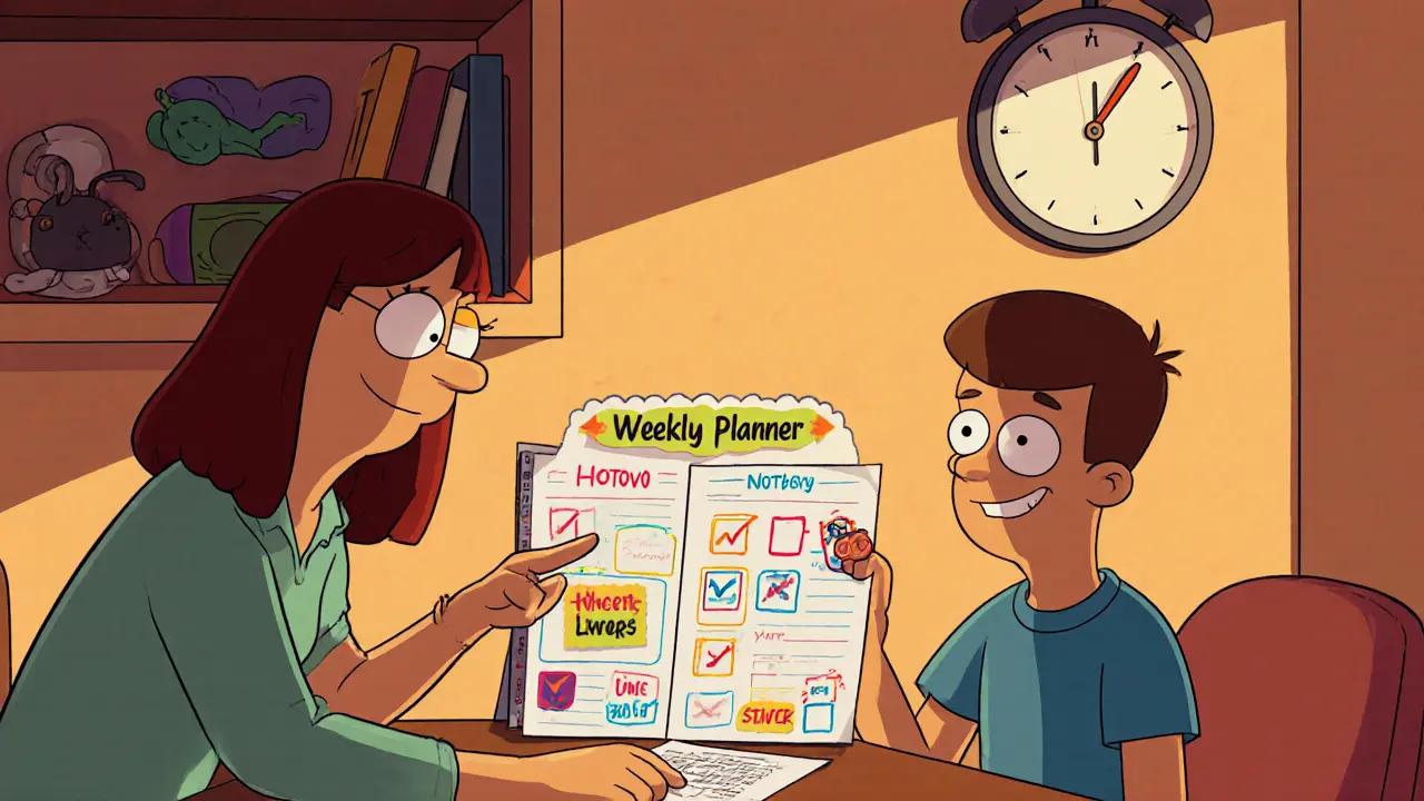 Terapeut a teenager kontrolují týdenní plán s &quot;Hotovo&quot; nálepkami a habit loop.