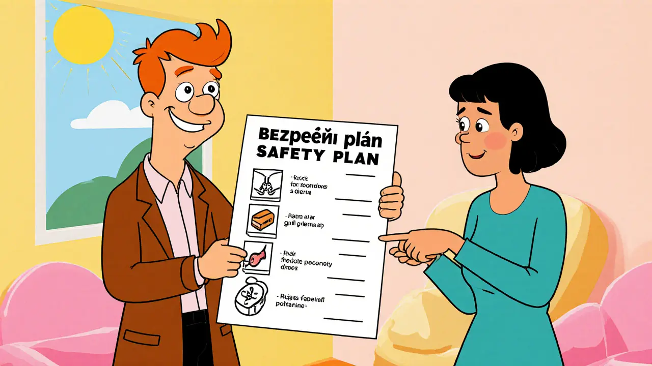 Bezpečný plán: terapeut ukazuje kontrolní seznam a mapu bezpečných míst.