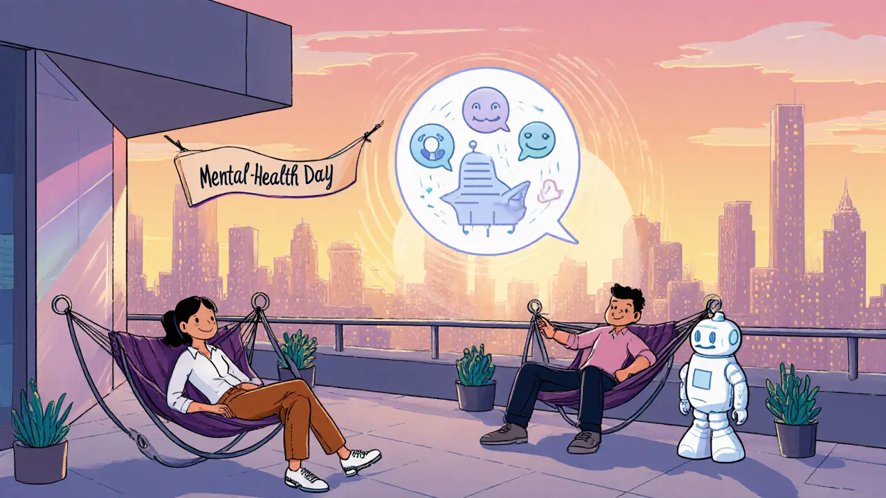 Budoucí firemní program s AI chatbotem a dnem duševního zdraví, zaměstnanci relaxují venku.