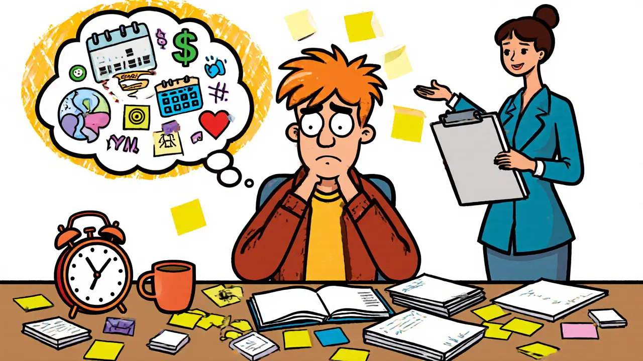 Chaotický pracovní stůl dospělého s roztroušenými poznámkami a hodinkami, ukazující potíže s organizací.