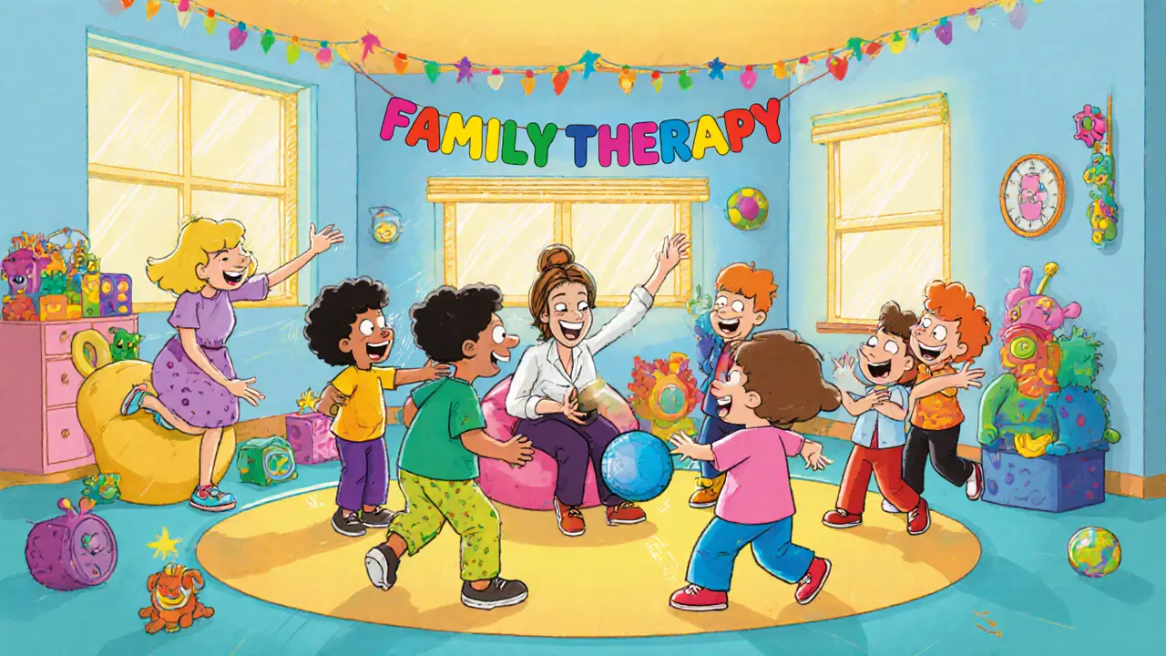 Děti ve skupinové terapii hrají a usmívají se.