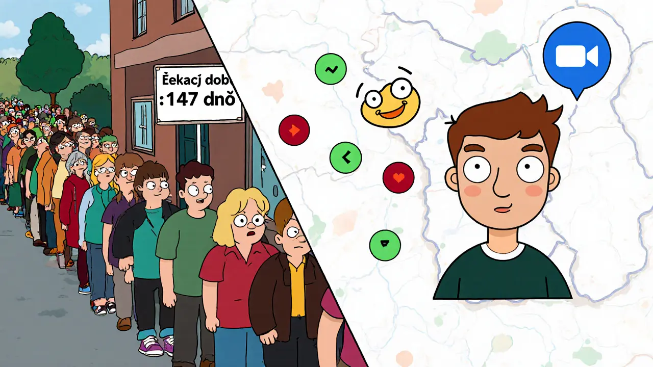 Dlouhá fronta čekajících vs. online terapie doma s mapou Česka v karikaturním stylu.