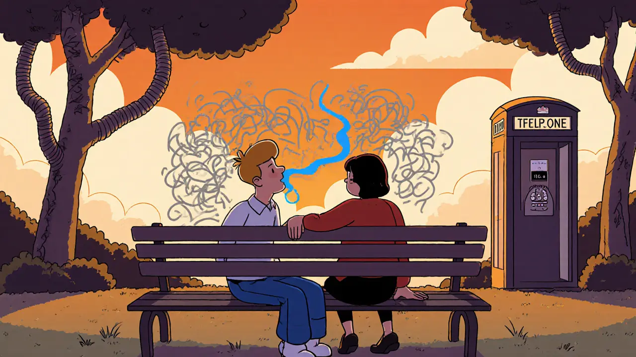 Dva lidé dýchají spolu v parku, viditelné vdechy spojují jejich ruce.