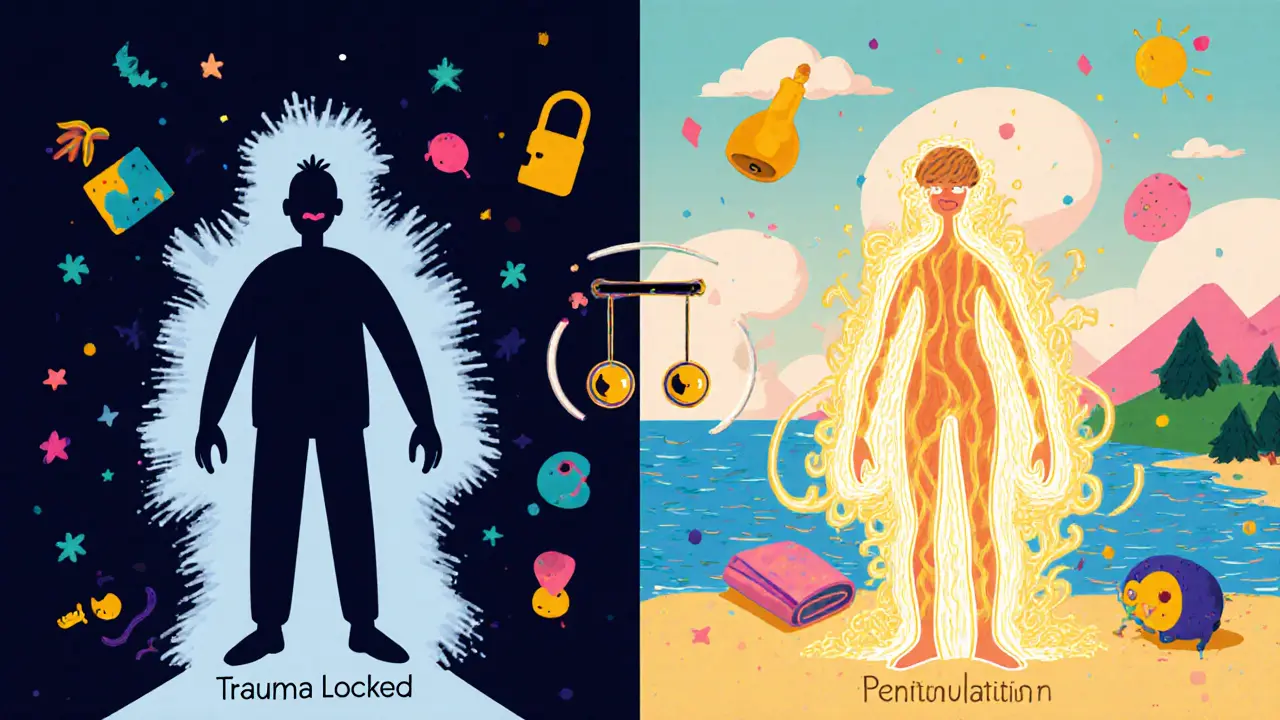 Dvě části scény: jeden člověk ztuhlý v traumatu, druhý se uvolňuje zlatou energií s pendulací mezi pocity.