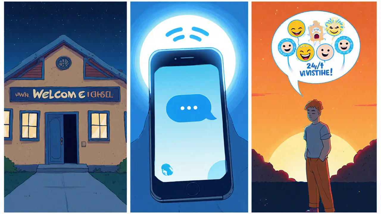 Kompozice ukazující krízová centra, telefon, chat a člověka nacházejícího úlevu.