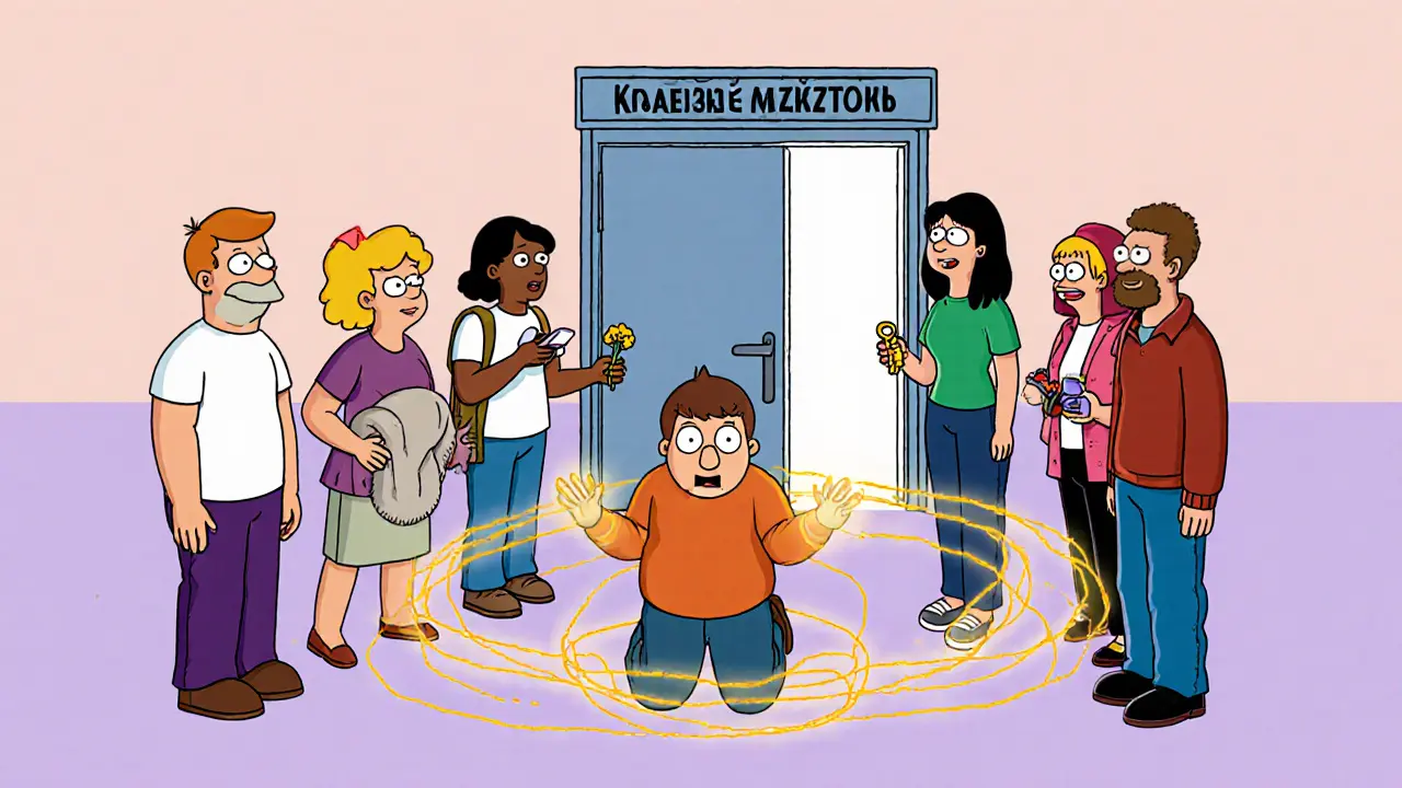 Lidé poskytují podporu kleslé osobě zlatými cestami, za nimi je otevřená dveře do podpory.