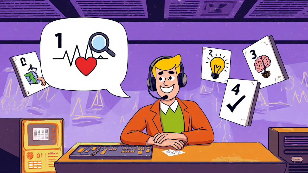 Operátor krizové linky s headsetem, ukazuje čtyři fáze intervence v barevném stylu.