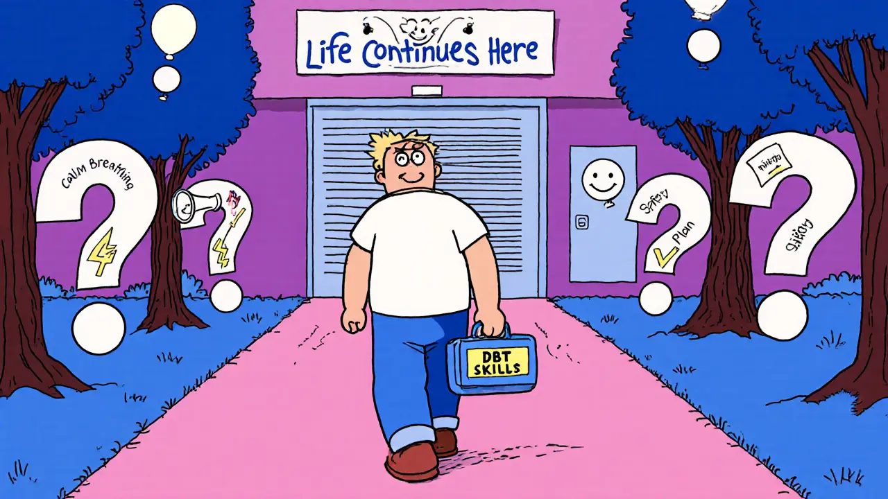 Osoba jde po cestě s nástroji DBT, nemocnice za ní se zavírá s úsměvem.