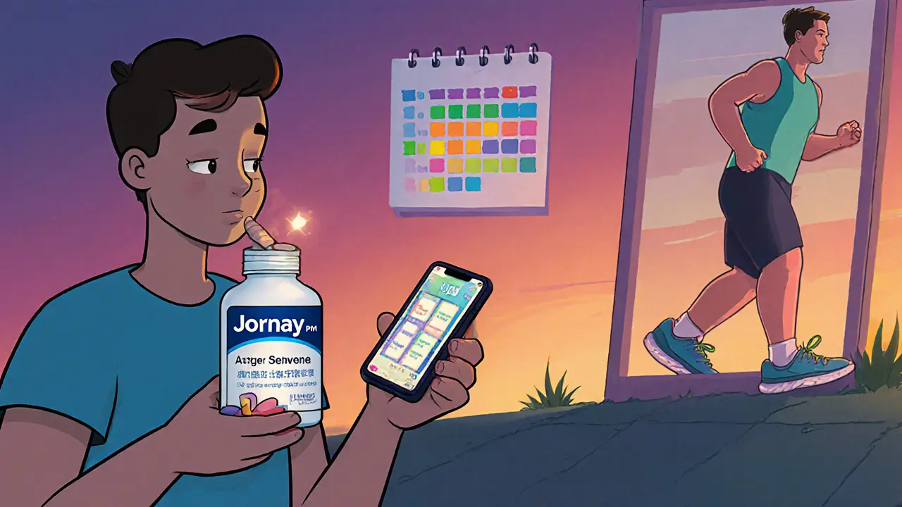 Osoba užívá večerní lék, používá mobilní aplikaci a běží, znázorňující léčbu a životní tipy pro ADHD.