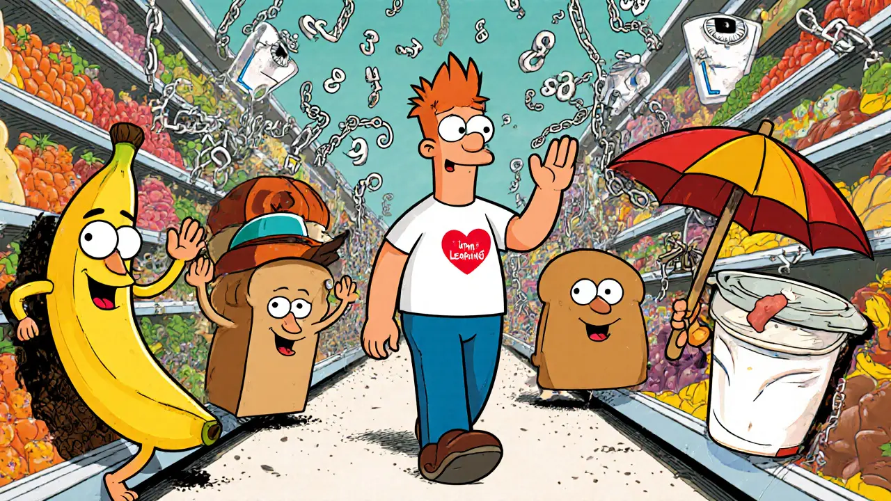 Osoba v supermarketu, kde jídlo přátelsky vlní, zatímco čísla a váhy se rozpadají.