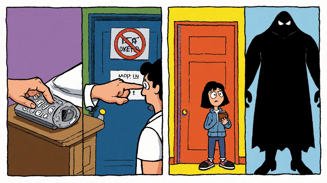 Pět panelů ukazuje různé znaky zneužívajícího vztahu v kresleném stylu.