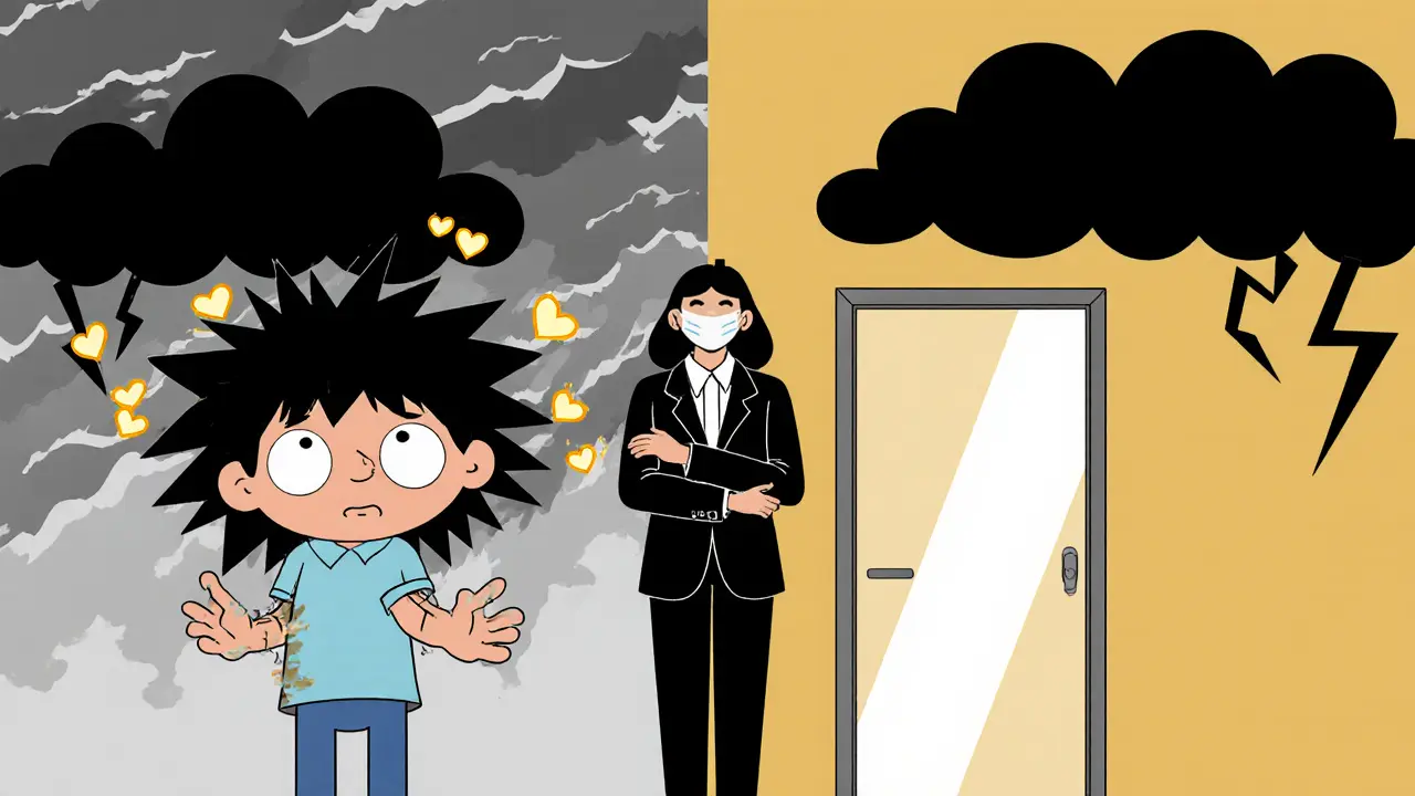 Postava s proměnlivými emocemi před průhlednými dveřmi hranic.