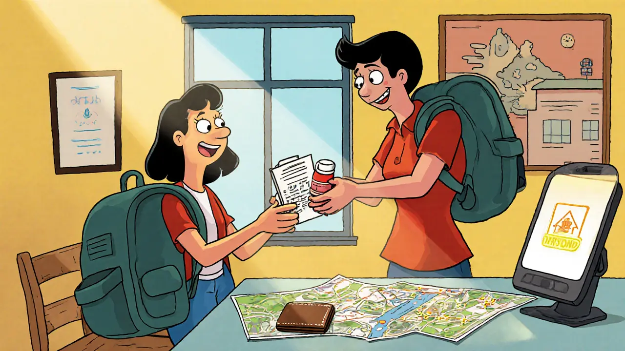 Přítel pomáhá ženě sbalit dokumenty, v pozadí telefon a mapa bezpečného místa.