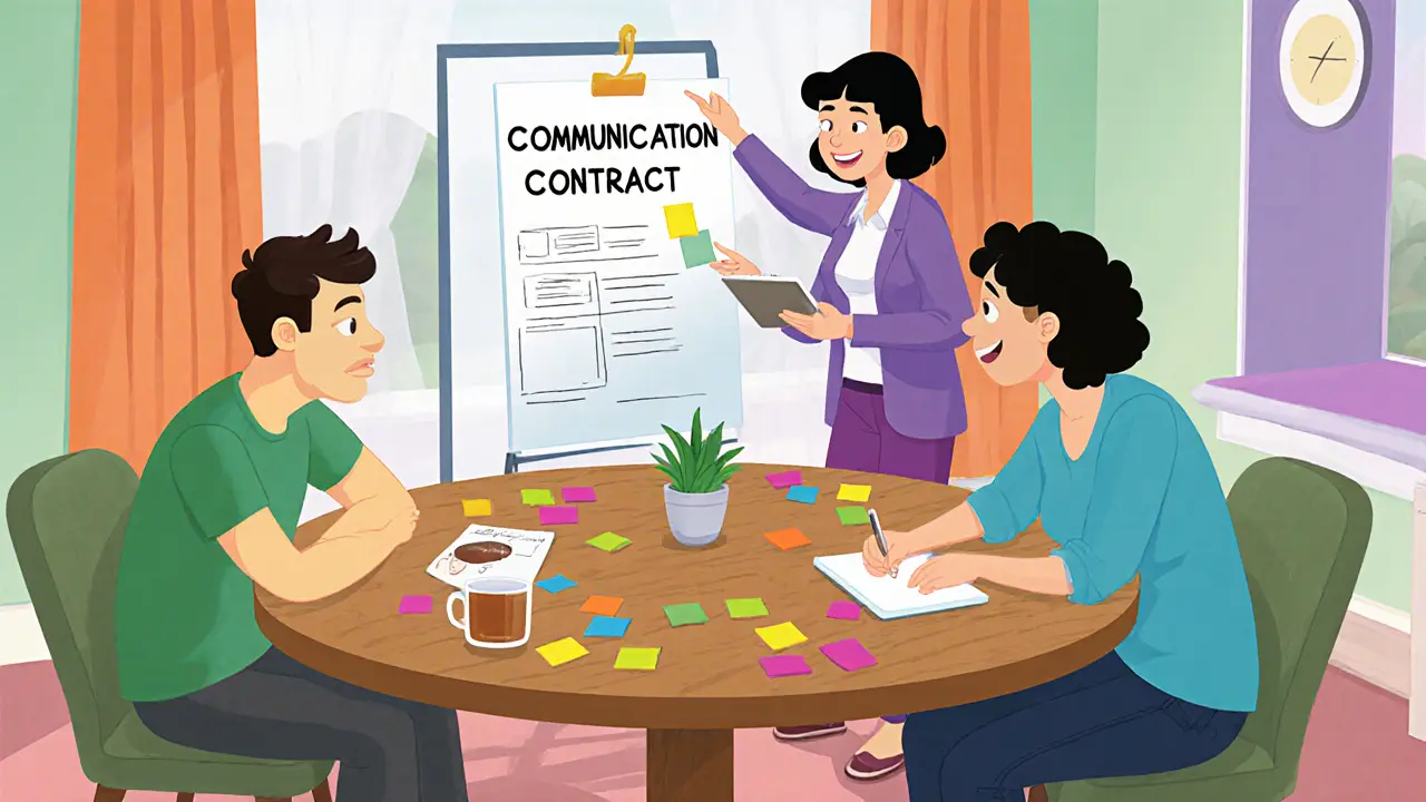 Rodiče sedí u kulatého stolu s terapeutem, cvičí aktivní naslouchání, v kresleném stylu.