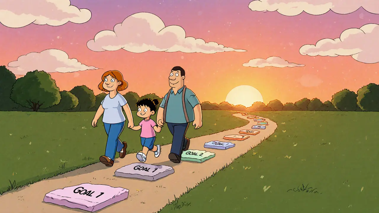 Rodina po terapii šťastně kráčí parkem.