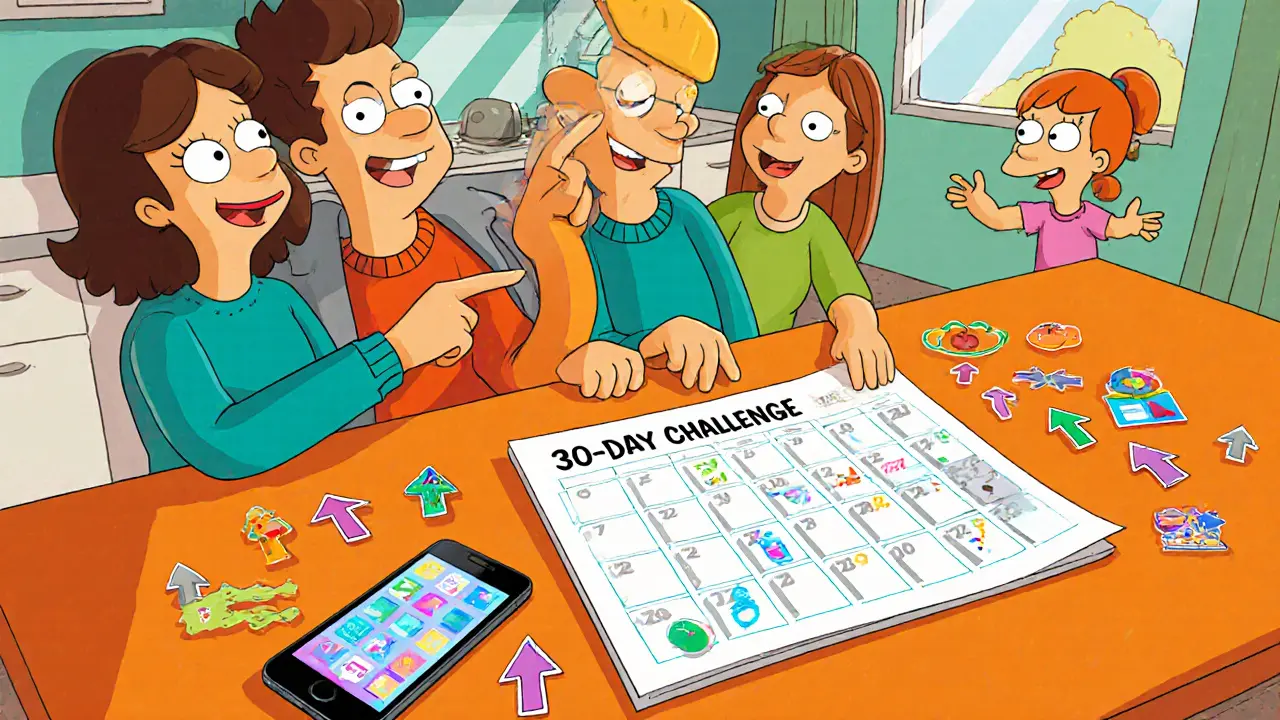 Rodina sleduje 30‑denní výzvu na kalendáři, s grafem a mobilní aplikací v cartoon stylu.