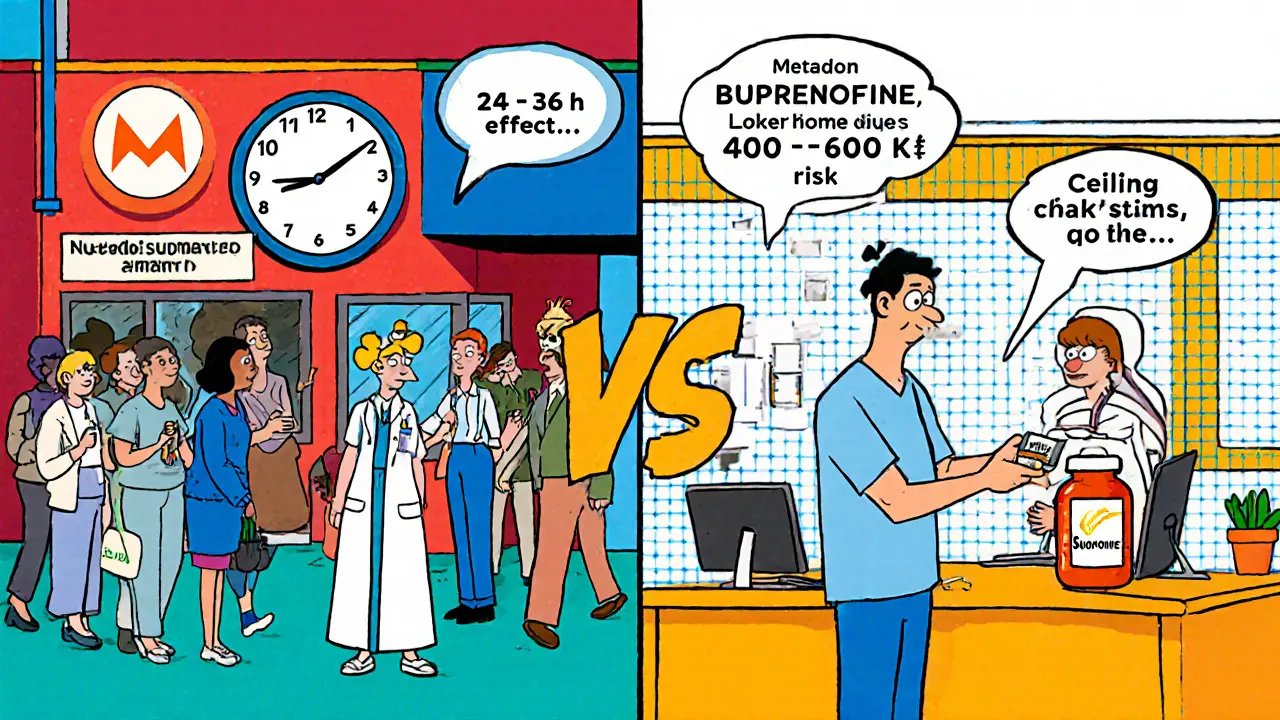 Rozdělený obraz s metadonovým centrem vlevo a ambulantní buprenorfinovou terapií vpravo, ukazuje rozdíly.
