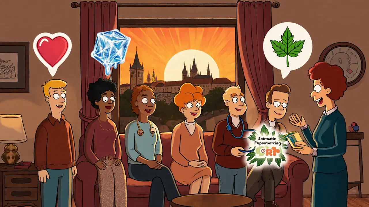 Skupina klientů v Praze s tělesnými symboly nad hlavami, terapeut je vede, venku září západ slunce.