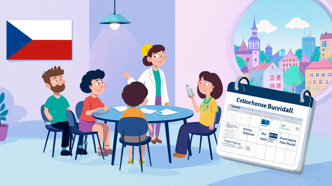 Skupinová terapie a rodinná podpora u moderního centra, vedle je tablet s týdenní buprenorfinovou injekcí.