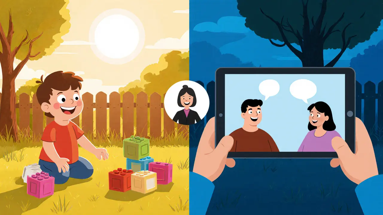 Šťastné dítě hraje, rodiče ve videohovoru, terapeut přítomný, v barevném kresleném stylu.