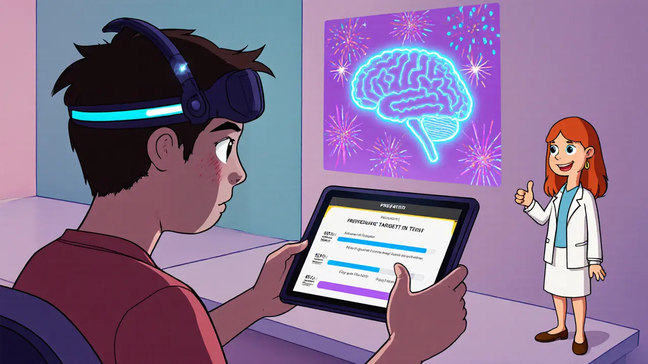 Teen with EEG cap uses a tablet; holographic brain diagram glows in a cartoon clinic.