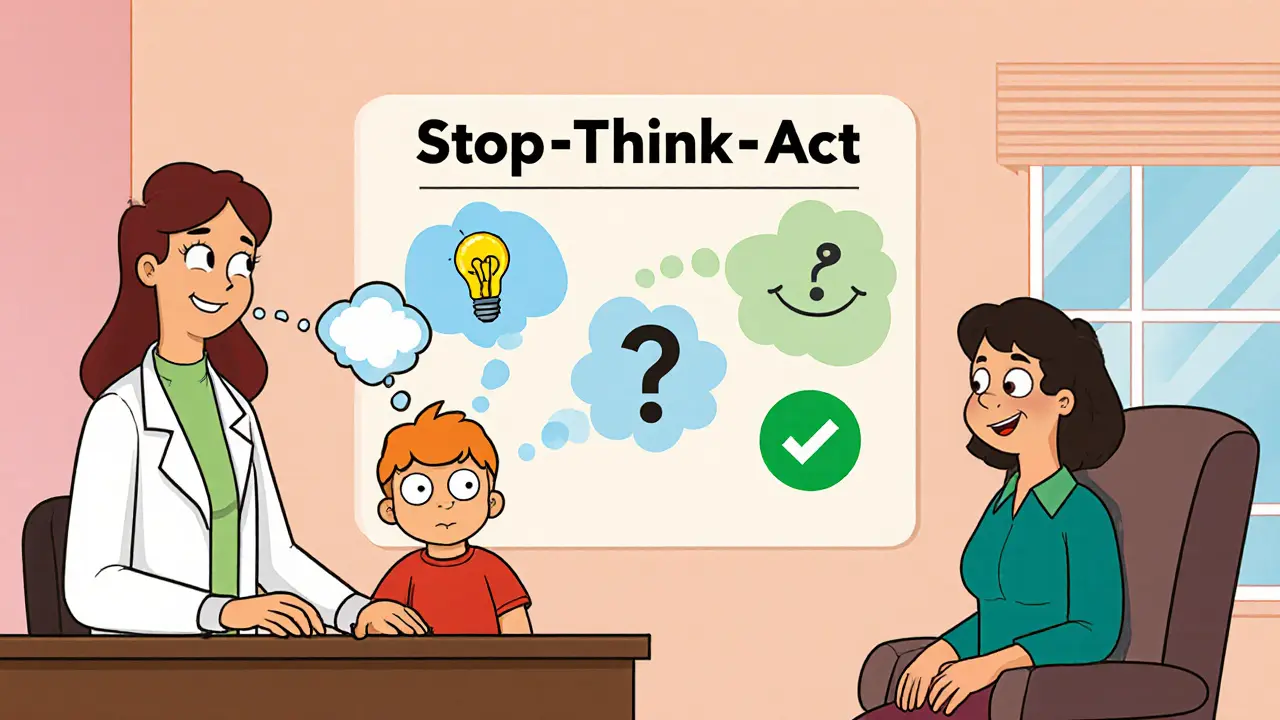 Terapeut, dítě a rodič pracují s tabulí Stop‑Think‑Act v hravém kresleném stylu.