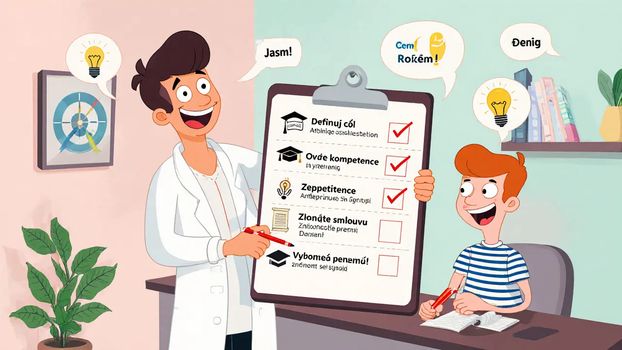 Terapeut s kontrolním seznamem, klient odškrtává položky v barevném pokoji.