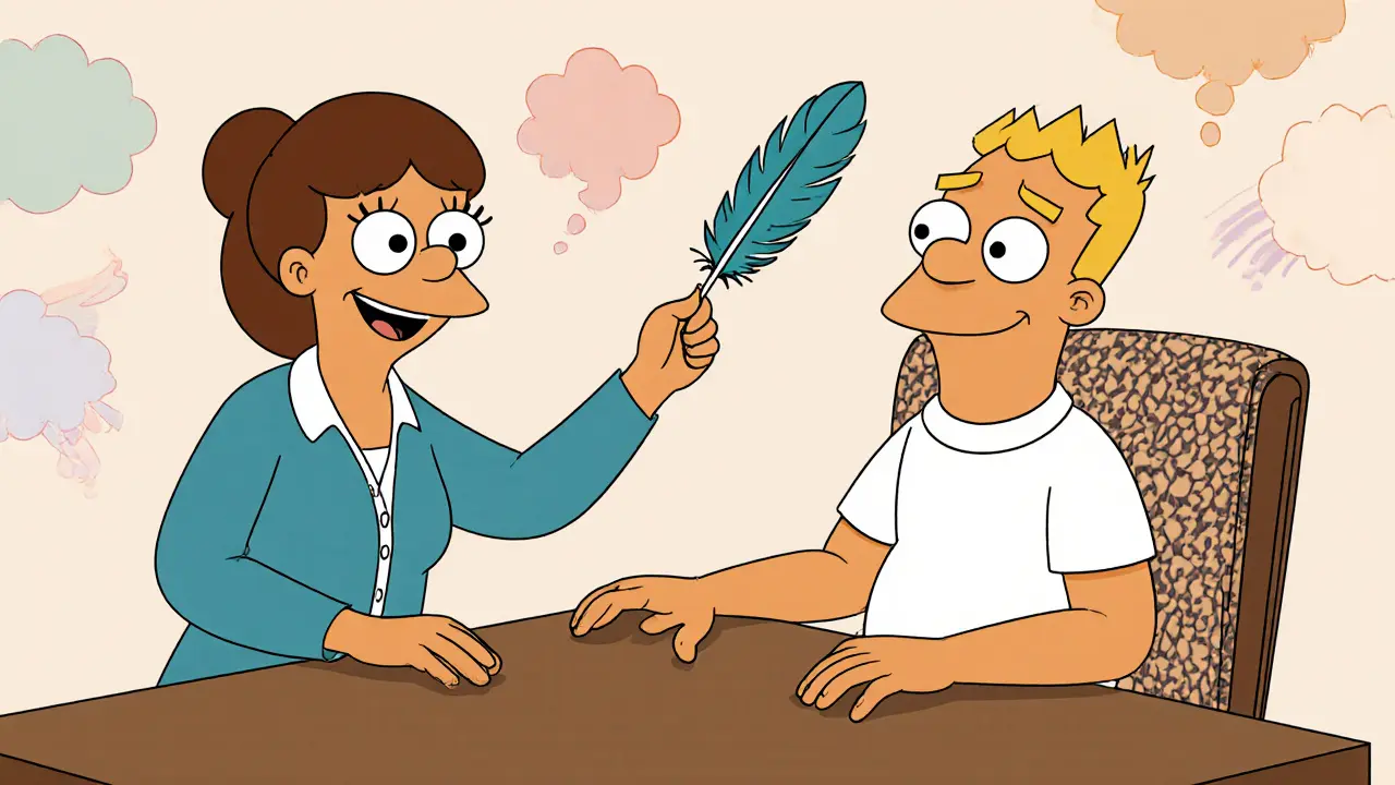 Terapeut vede klienta cvičením grounding a dýcháním, ukazuje kotvu během sezení.