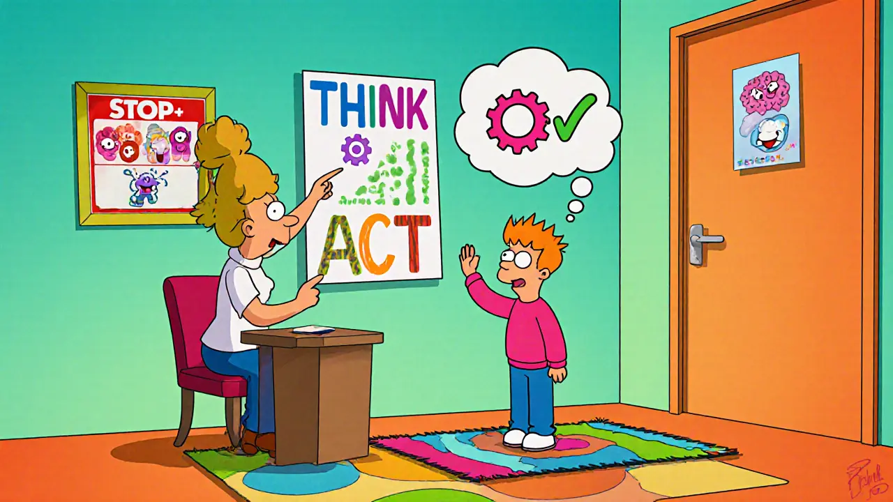 Therapist and child practice Stop‑Think‑Act with signs and thought bubbles in a cheerful room.