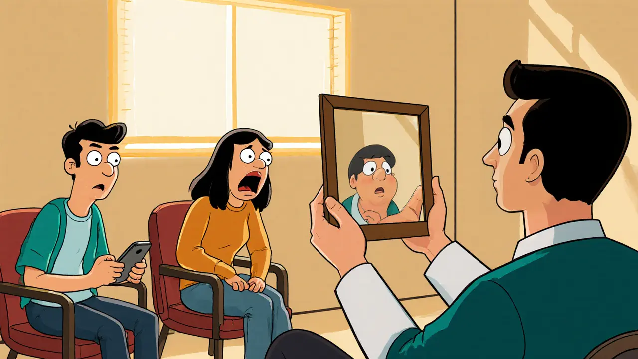 Tři klienti v terapii, jejich skryté emoce odhaleny zrcadlem.