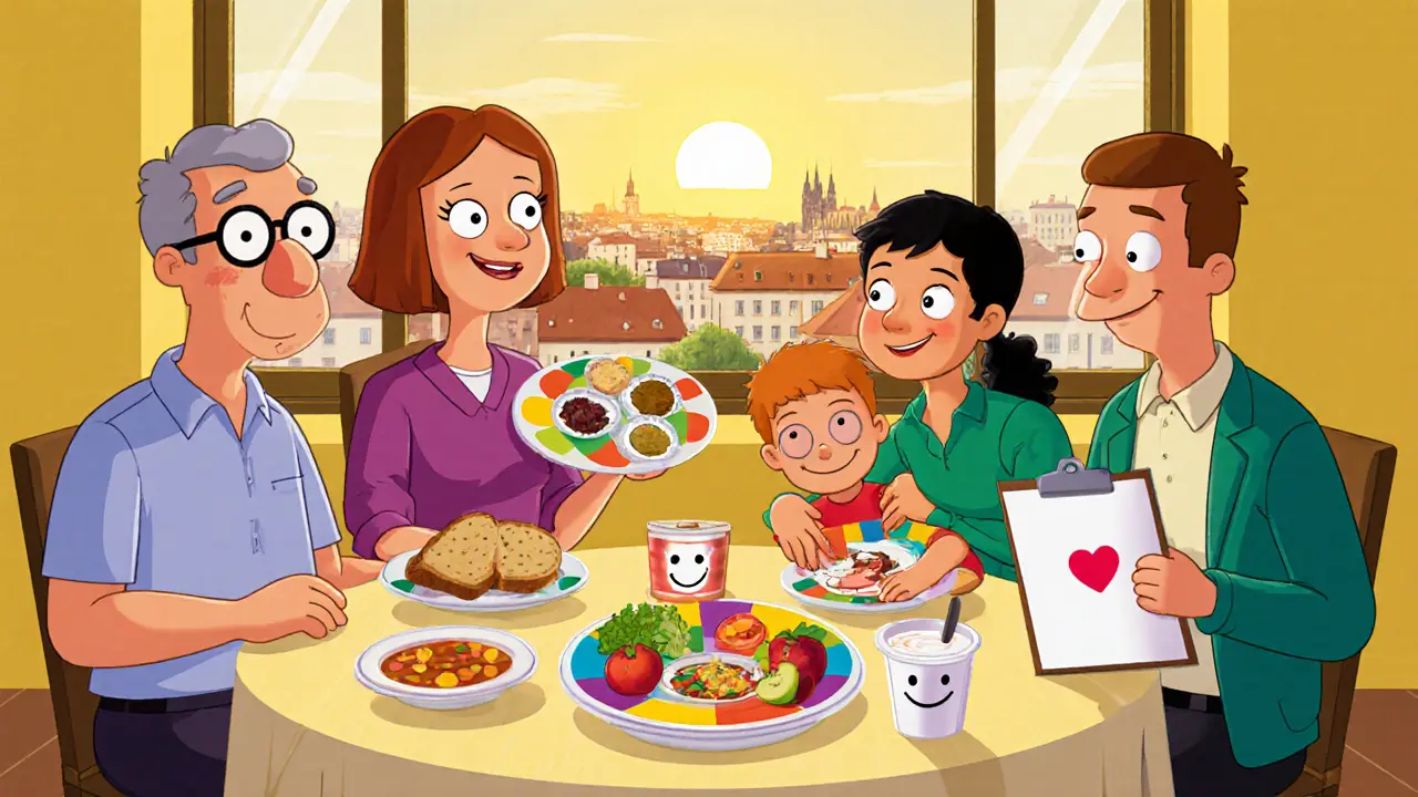 Tým léčebných odborníků a rodina společně jí na stole s jednoduchými jídly a teplým osvětlením.