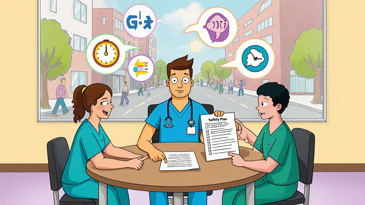 Tým v nemocnici plánuje bezpečnostní plán s ikonami DBT dovedností.