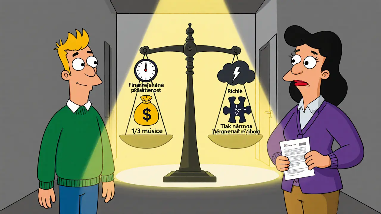 Váha s výhodami vlevo a riziky vpravo, dva kreslené postavy diskutují.