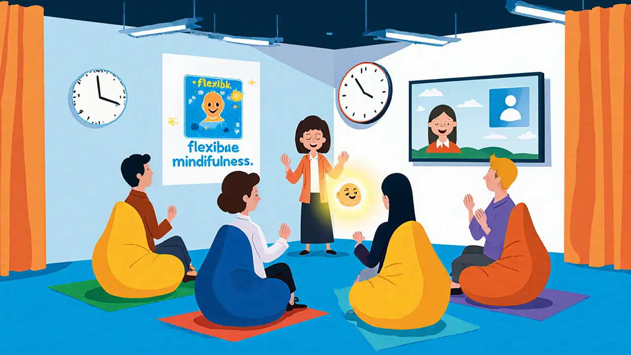 Zaměstnanci se účastní meditačního workshopu s psychologem v barevné kanceláři.