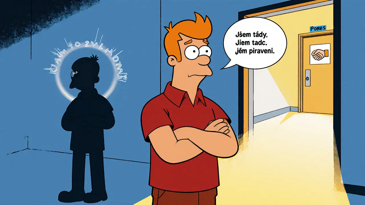 Člověk stojí před klinickými dveřmi, stín stresu za ním mizí, cesta k pomoci září.