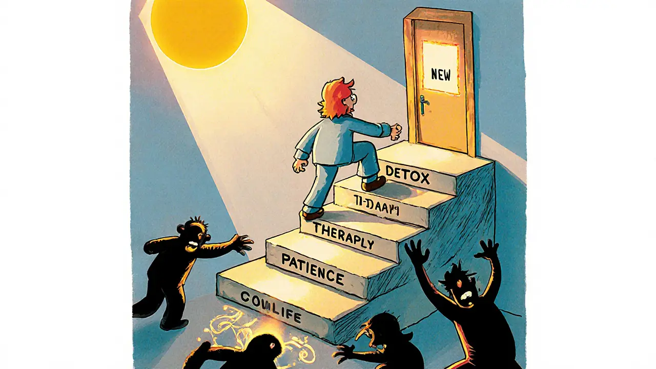 Člověk stoupá po schodech s nápisem k léčbě, zatímco temné síly se snaží ho chytit zespodu.