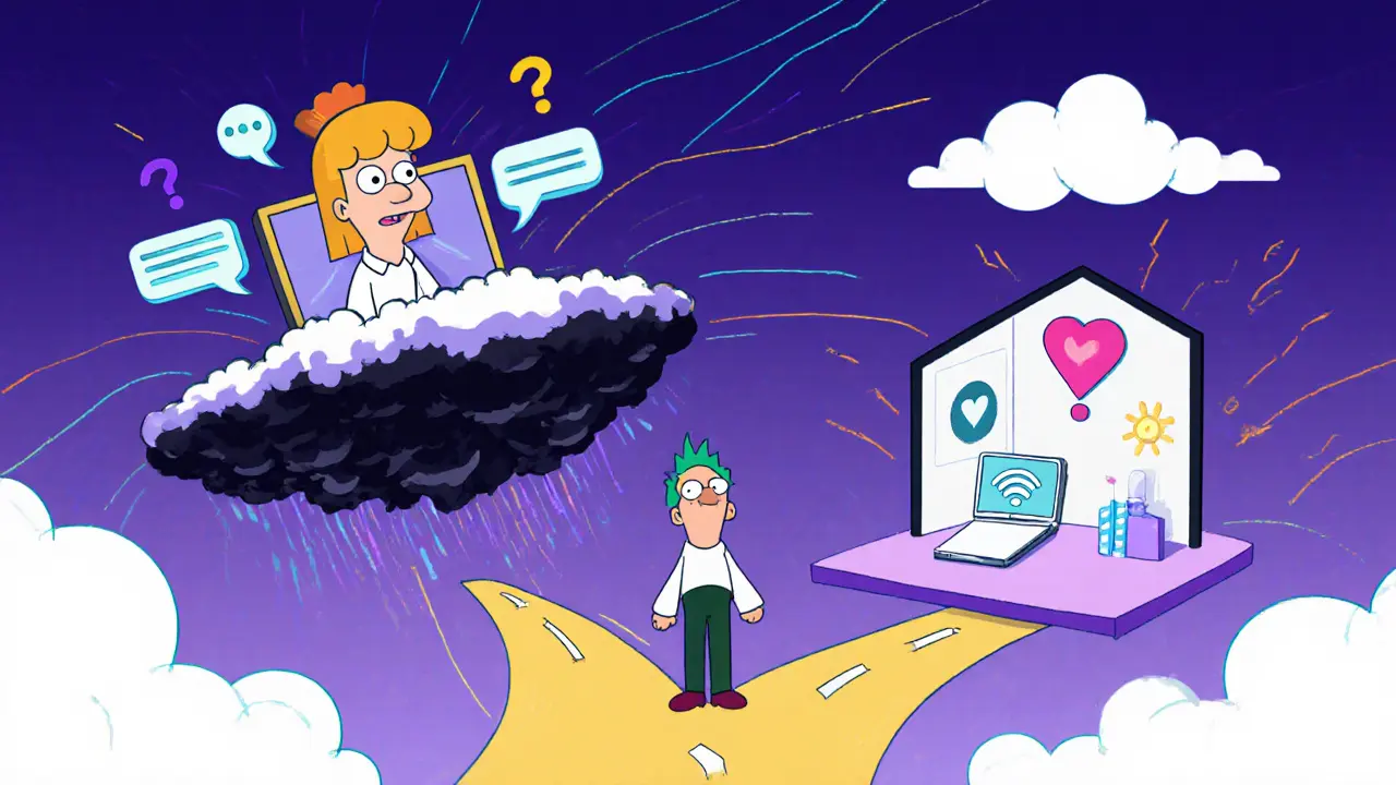 Člověk volí mezi bezpečnou online terapií a akutní krizí v nemocnici.