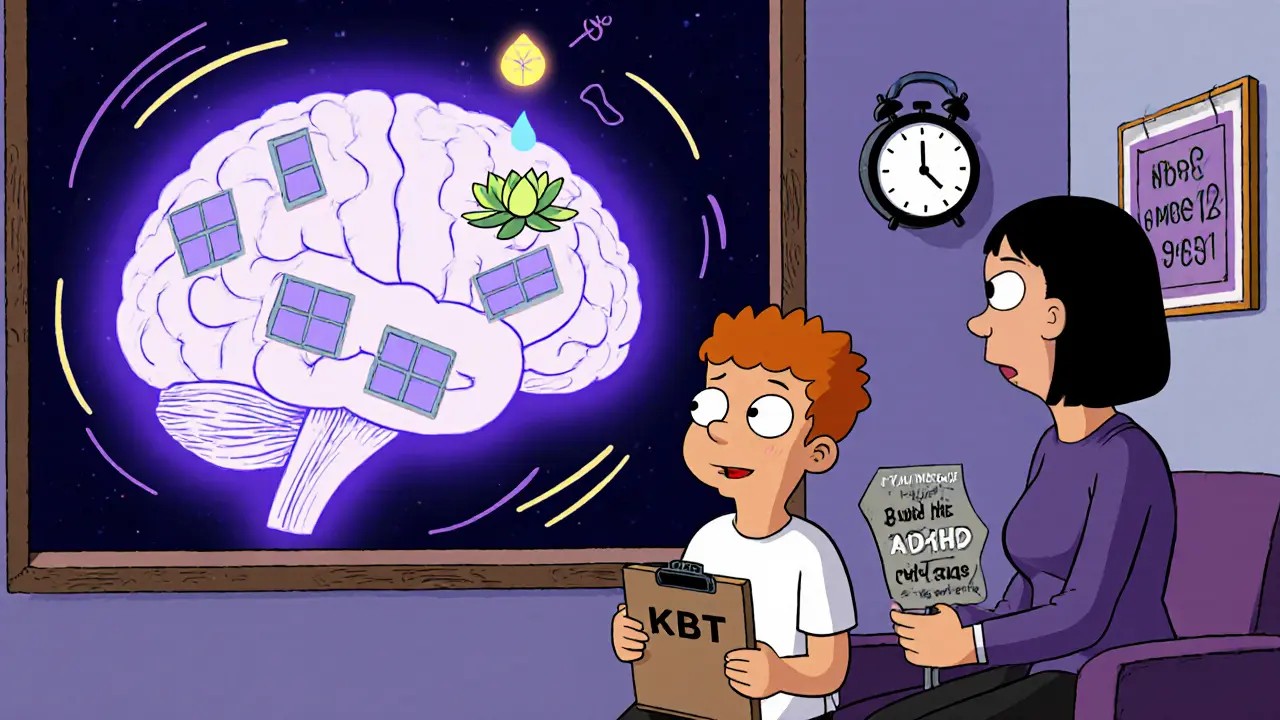 Dítě v terapii dýchá, v mozku se zavírají okna, za ním plánovaná AI terapie.