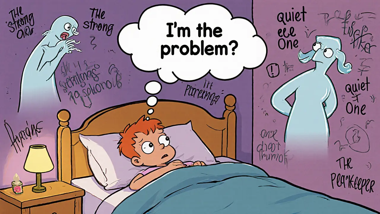 Dítě ve své posteli, nad ním viditelné rodiče, kteří se hádají, zatímco dítě se ptá: &#039;Jsem já problém?&#039;