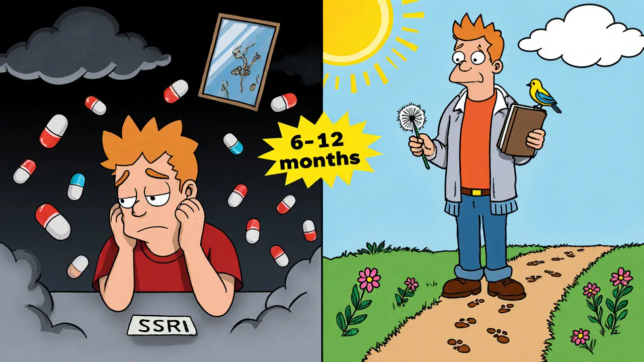 Dvě scény: vlevo osoba unavená s léky, vpravo ta samá osoba v slunci s džbánkem a ptáčkem — znázorňující léčbu PTSD.