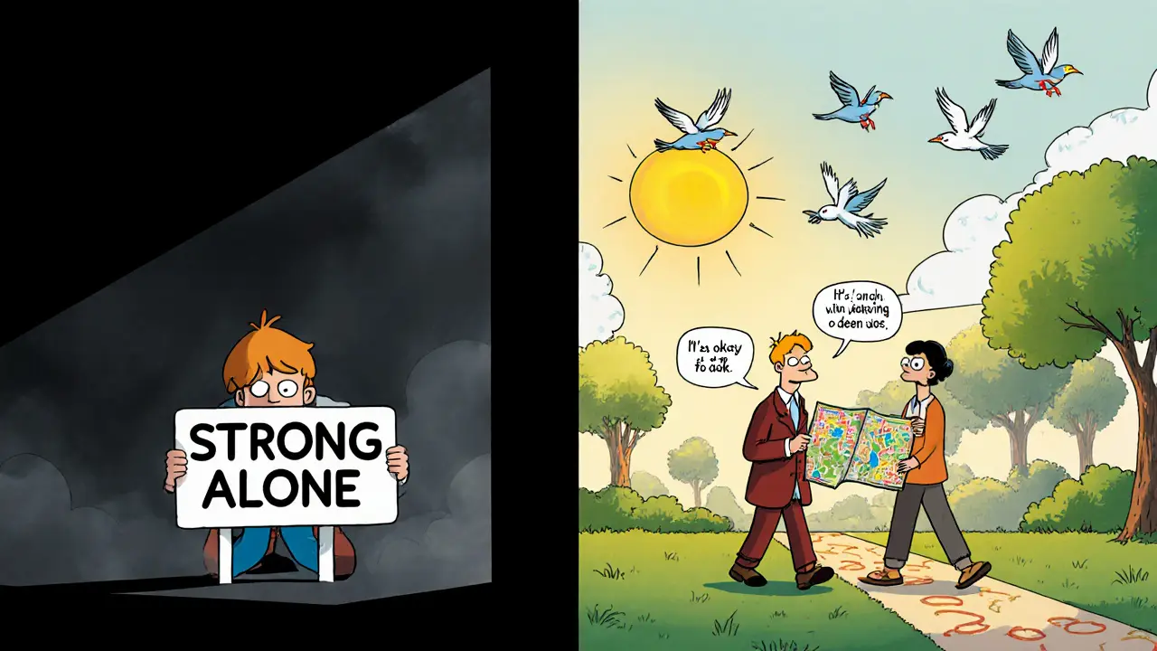 Dvě strany: jeden člověk se skrývá ve tmě, druhý jde světlem s terapeutem po cestě k sebepoznání.