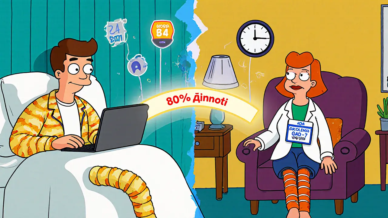 Hybridní terapie: klient je zároveň doma a v kanceláři spojený zářící mostem.