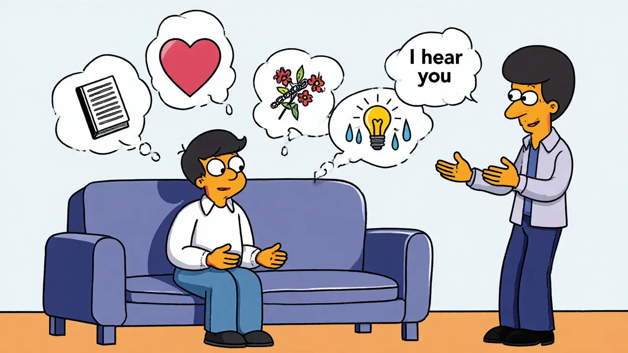 Klient a terapeut spolu hovoří na sofě, kolem nich symboly emocionálního růstu a pochopení.