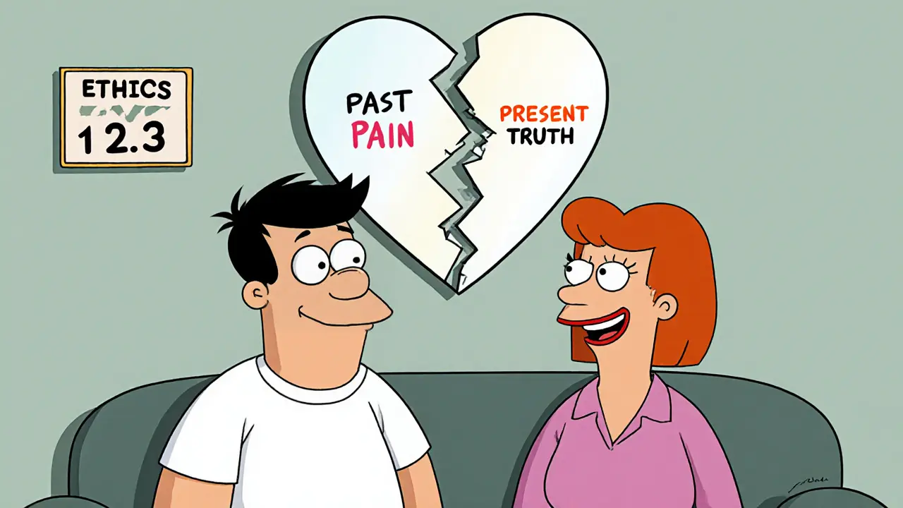 Klient a terapeut spolu, kde se rozbité srdce promění v pravdu a minulost.