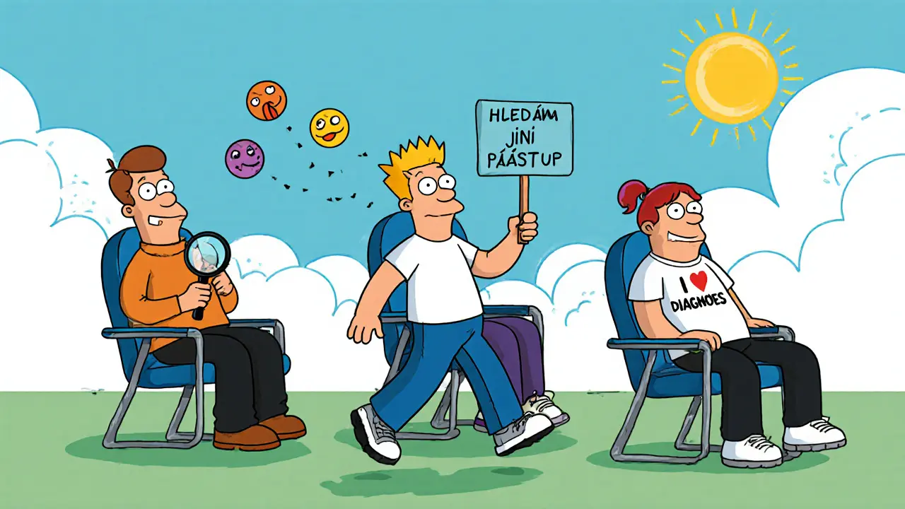 Klient odchází od tří nevhodných terapeutů, zatímco za ním plavou symboly pokoje a volby.